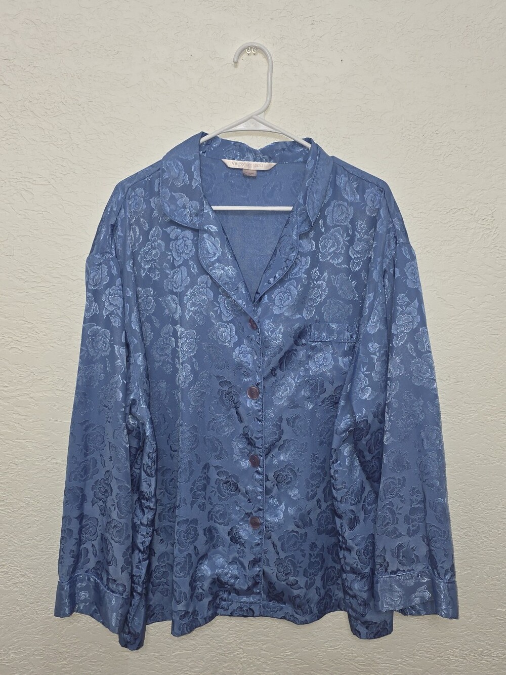 Blue Floral Roses Satin Button Up Sleep  Shirt Victoria Secret XL